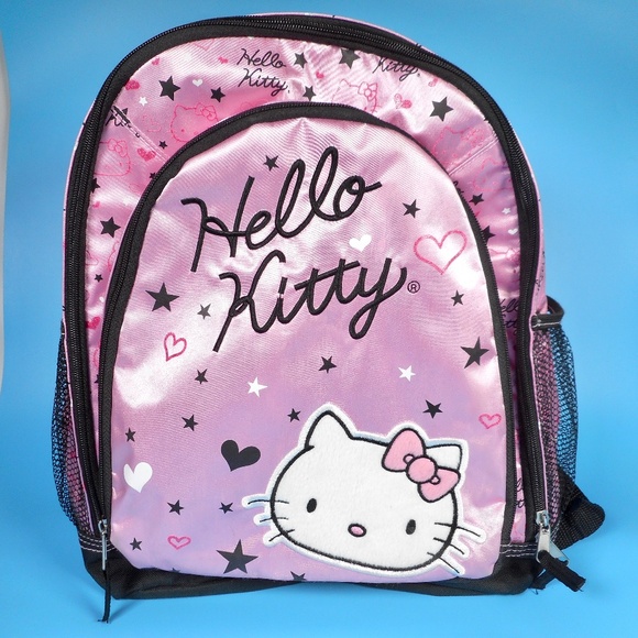 Hello Kitty Sanrio Light Pink Black Backpack Hearts Stars School Embroidered - Picture 2 of 14